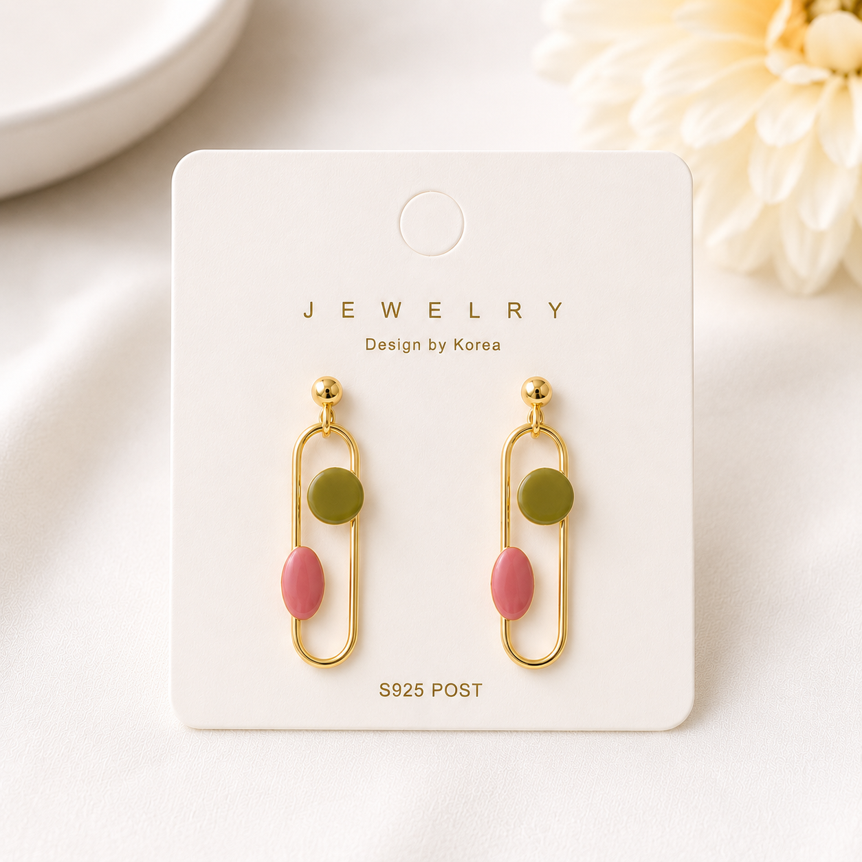 Gold Oval Link Earrings with Pink & Olive Green Accents