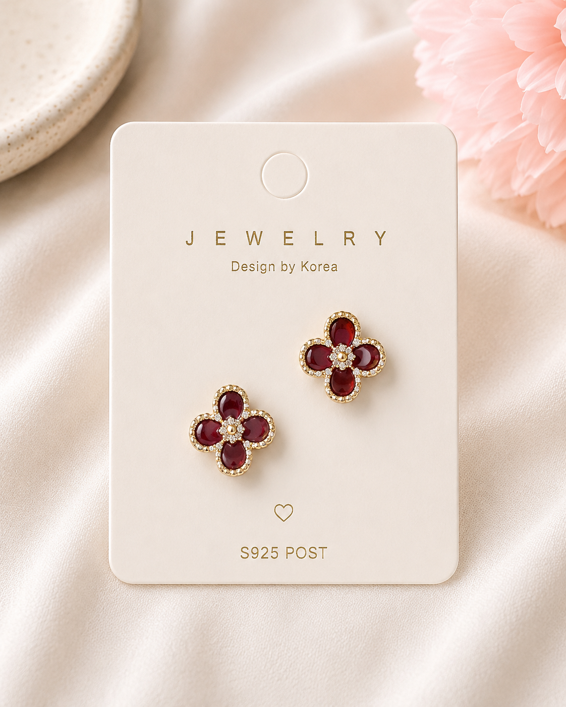Elegant Burgundy Flower Gold-Tone Stud Earrings